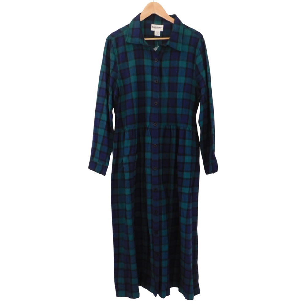 NEW Serengeti Catalog Flannel Button MIDI Dress Loungewear Womens L Blue Plaid